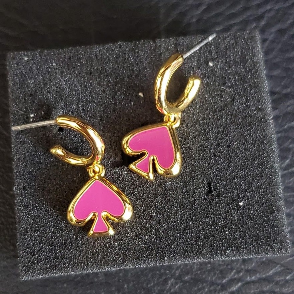Kate Spade Everyday Spade Huggie Hoop Dangle Earrings Pink Enamel Gold‎ NWT - Picture 3 of 7